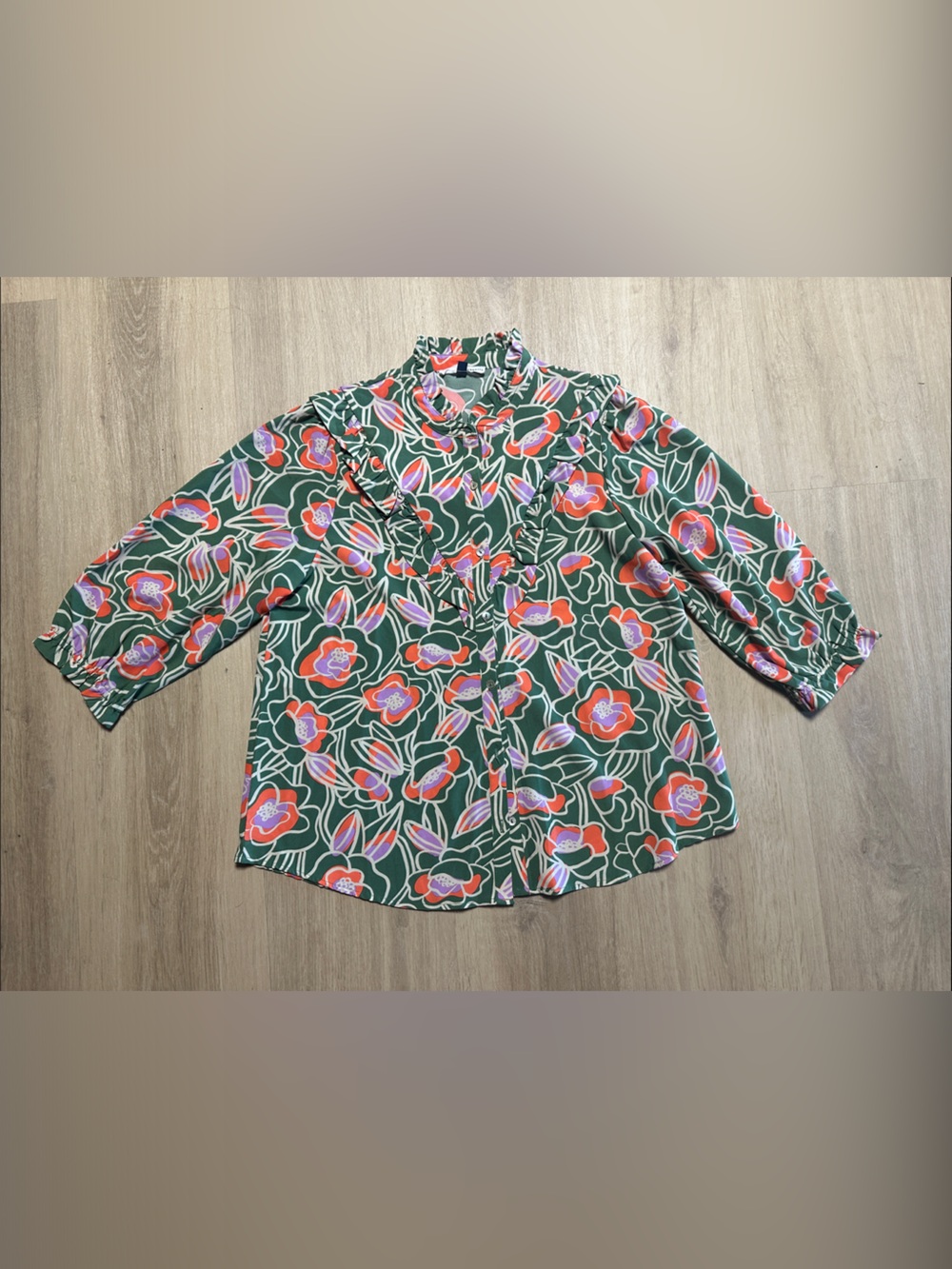 Green Floral Ruffle-Trim Button Front Blouse